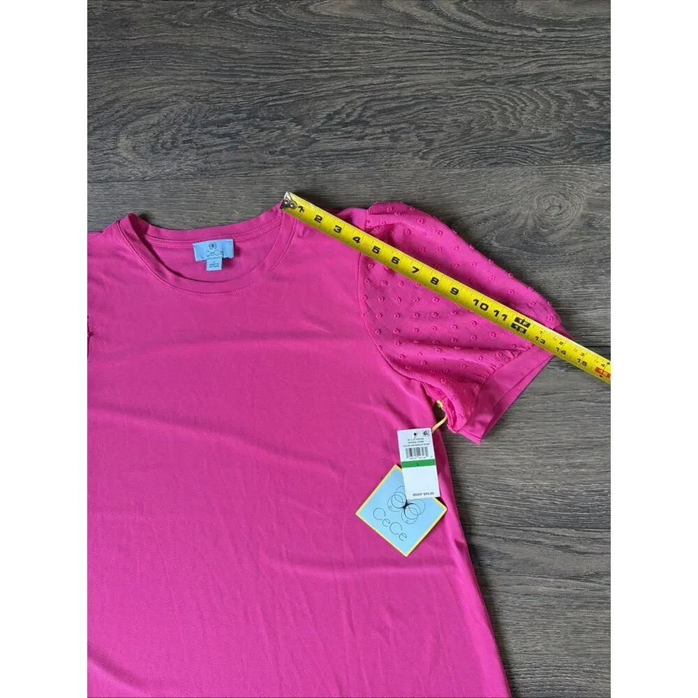NWT CeCe Pink Dress L Ruffle Puff Sleeve Shift Barbiecore Dopamine Msrp 89.00
